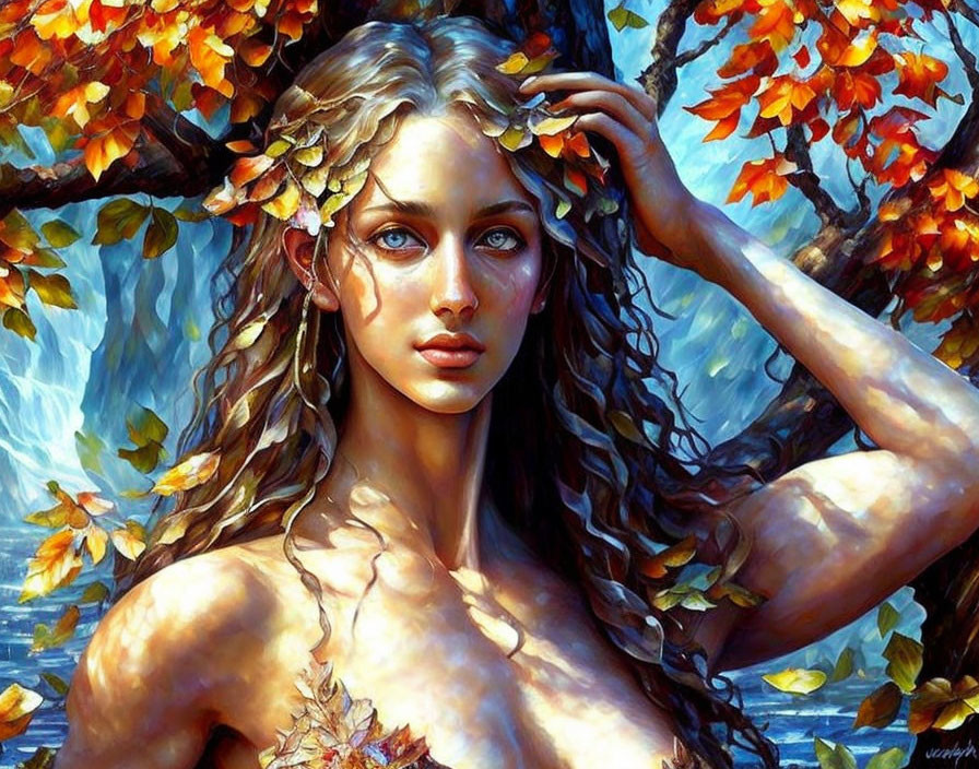 Woman with Foliage in Hair Surrounded by Autumn Leaves and Blue Waterfall