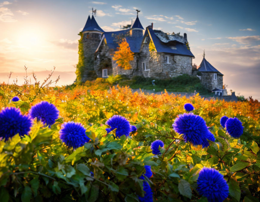 Stone castle surrounded by autumn foliage and blue flowers at sunset