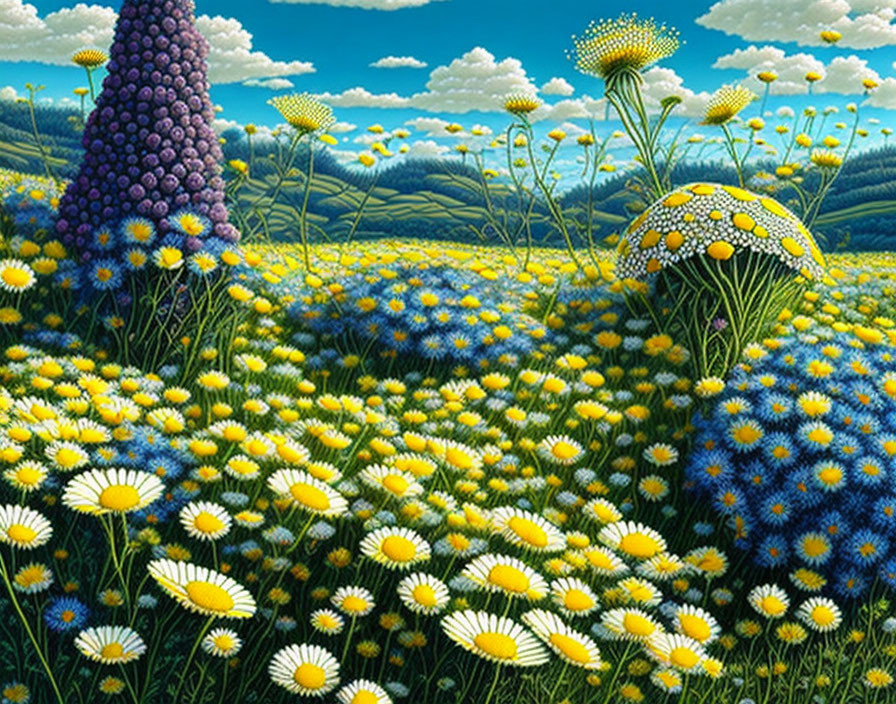 Scenic field of yellow and white flowers under blue sky