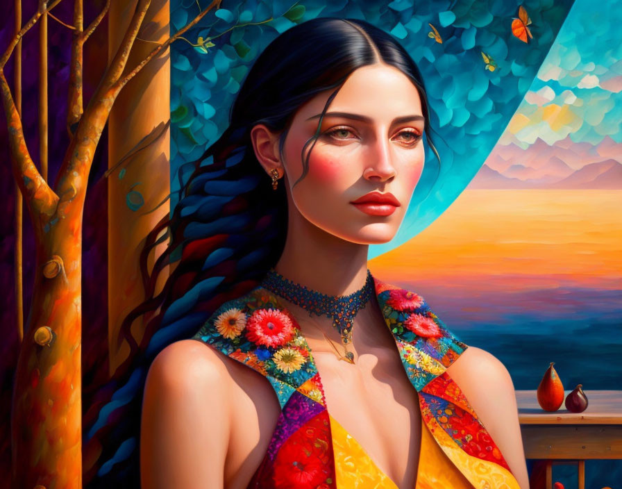 Colorful portrait of a woman with floral attire against sunset backdrop