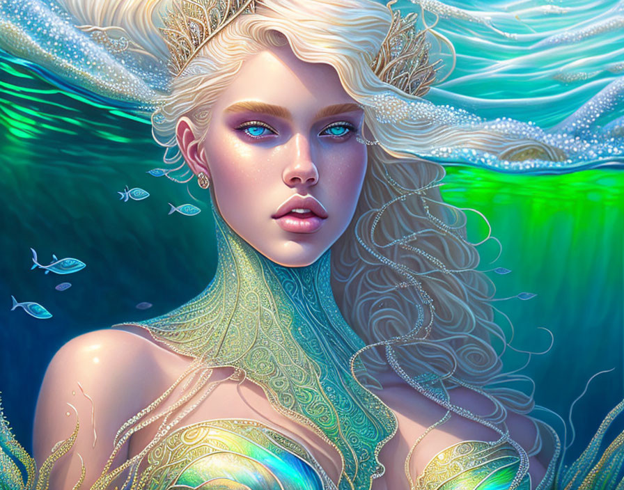 Fantasy illustration: Woman with blonde hair, blue eyes, sea-themed jewelry, underwater setting