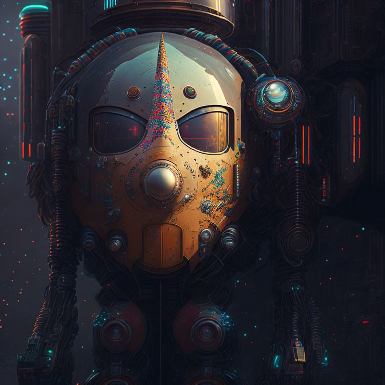 Detailed robot head illustration with vibrant accents on dark background