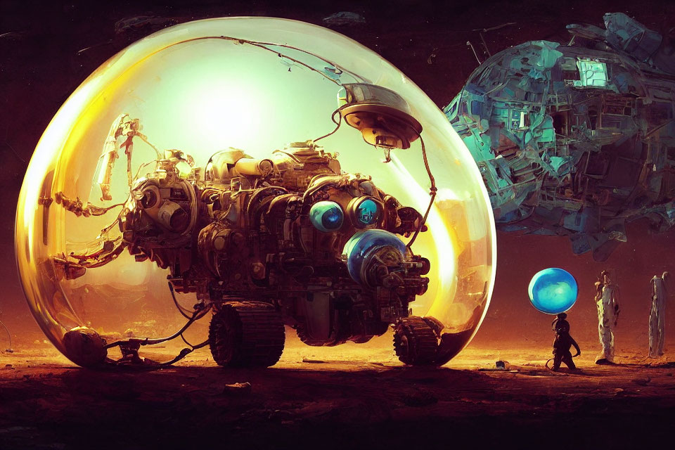 Person standing by glowing orb and large mechanical structure on alien landscape.