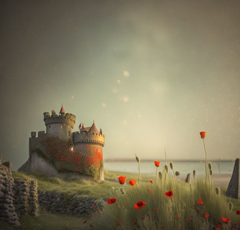 Fairy-tale castle in poppy field under glowing sky