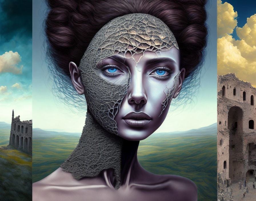 Surreal portrait of a woman with a half-human, half-robotic face in a futuristic