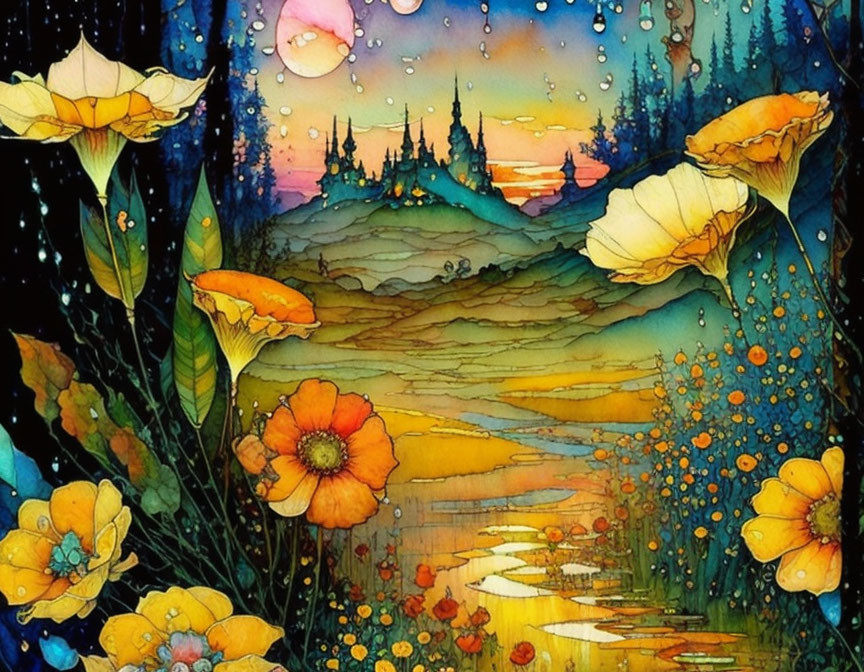 Colorful Watercolor Painting of Dreamy Landscape with Flowers and Twilight Sky