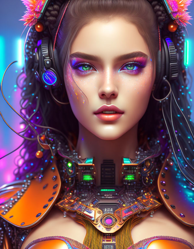 Vibrant digital art portrait of a futuristic woman with colorful makeup and sci-fi attire.