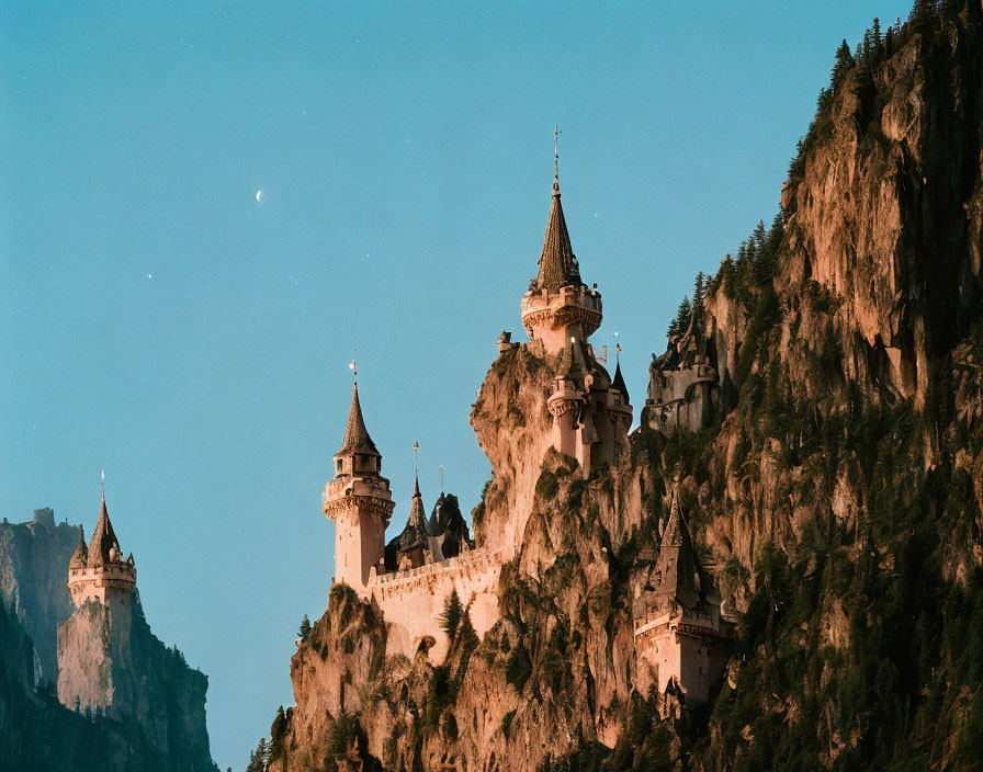 Castle on forested mountain at dusk with spires and moon