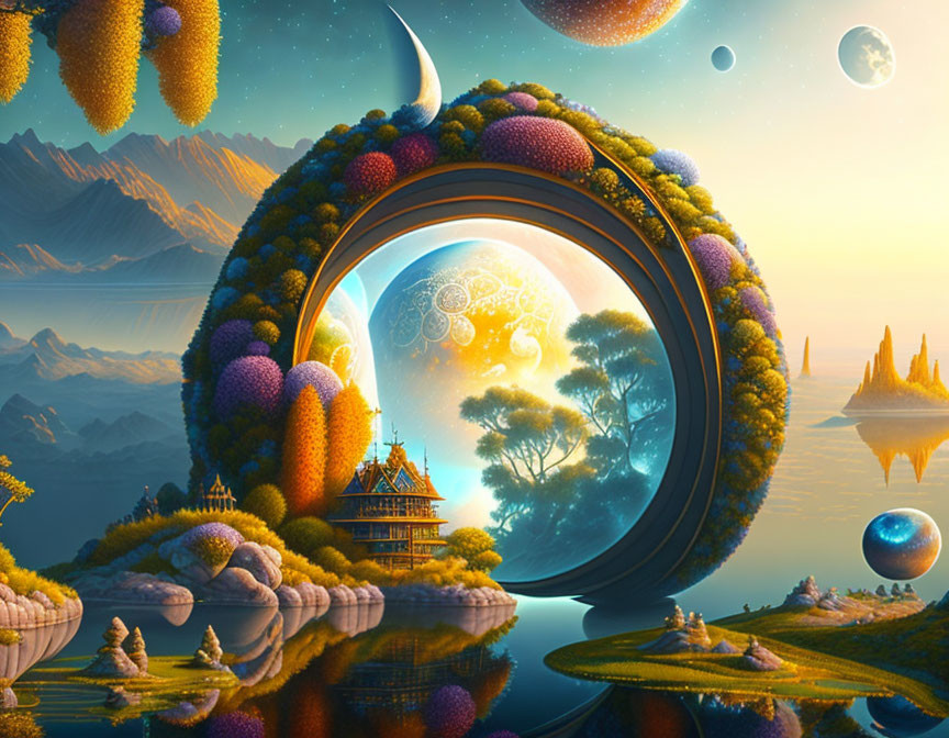 Vibrant Flora and Celestial Bodies in Fantastical Landscape