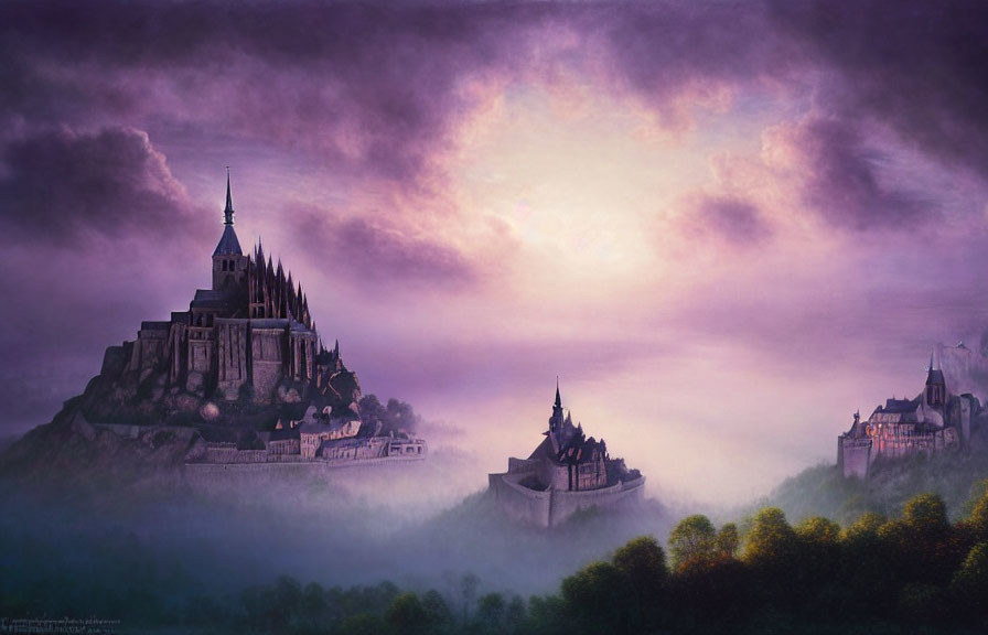 Enchanting castle scene with foggy hill, sunrise, and distant fortress