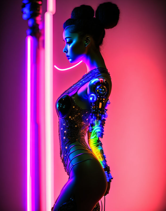 Futuristic female figure with cybernetic enhancements in neon lights