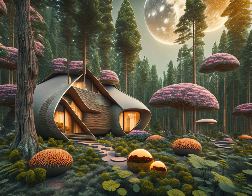 Futuristic house in forest with oversized mushroom plants and large moon