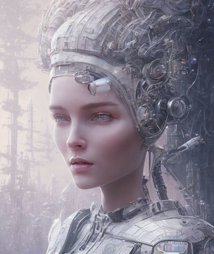 Female Android Portrait with Mechanical Details in Futuristic Setting