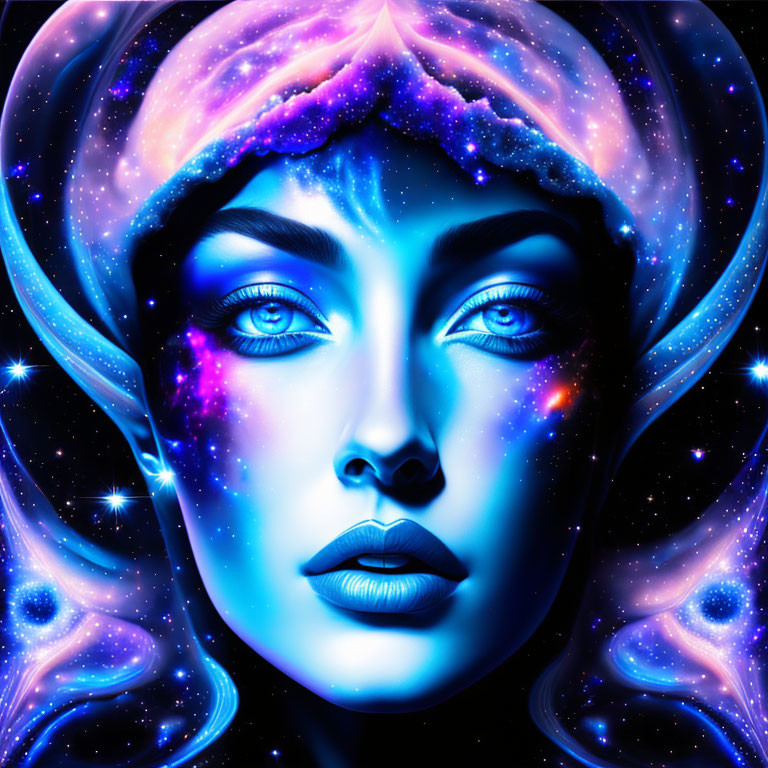 Digital artwork: Woman's face with cosmic features, glowing blue skin, nebulae, stars intertwined