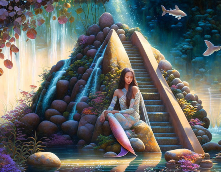 Mermaid sitting by waterfall in lush fantasy scene