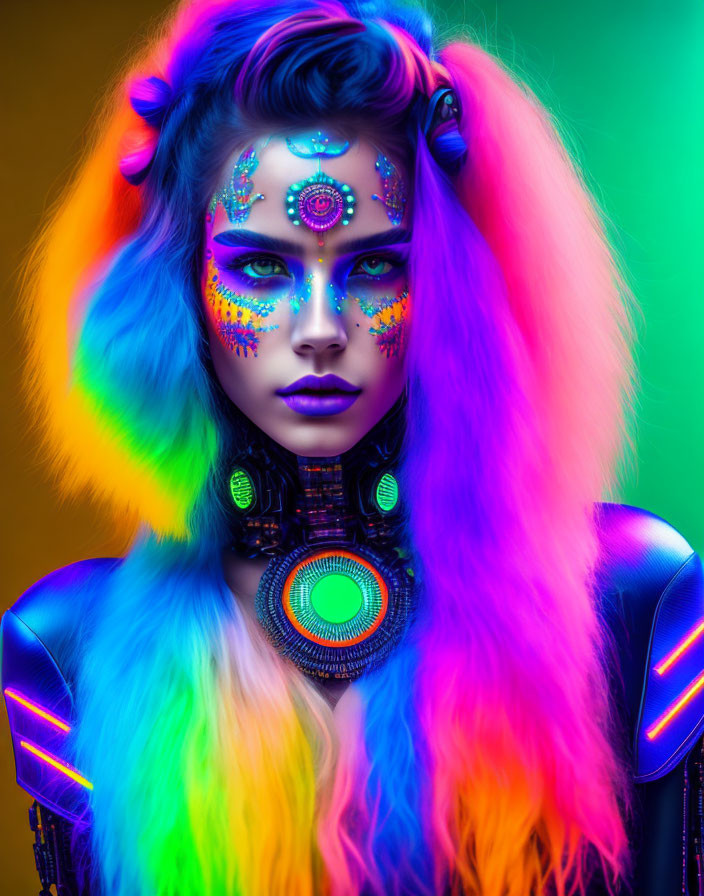 Colorful Woman with Neon Makeup and Multi-Colored Hair in Futuristic Costume