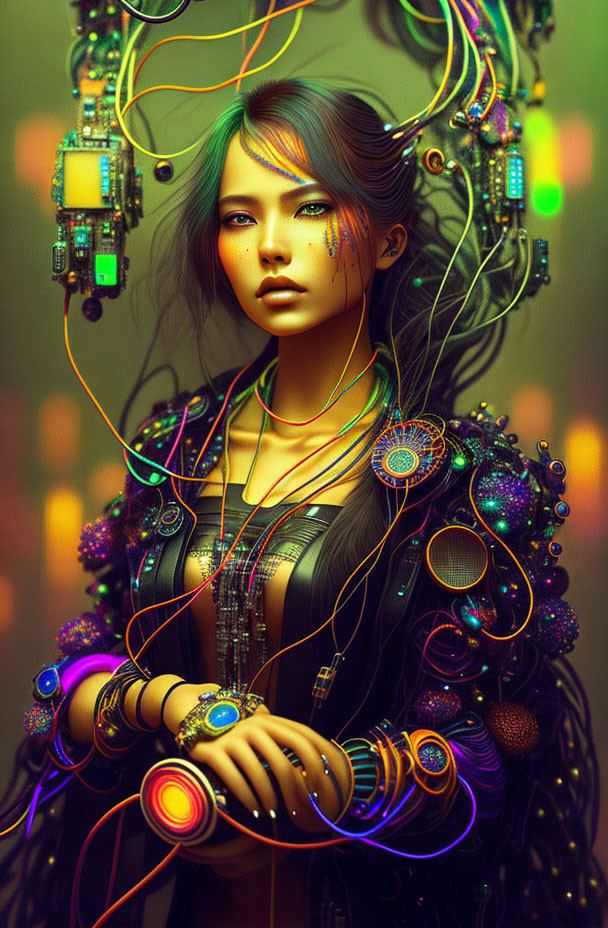 Digital artwork: Woman with cybernetic enhancements and colorful, illuminated wires in hair and clothing