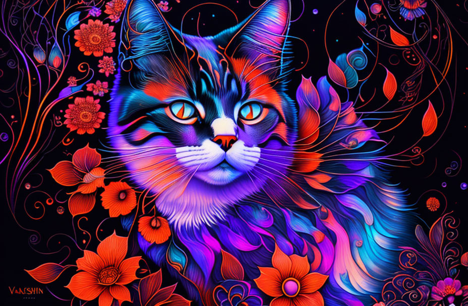 Colorful Stylized Cat Illustration with Floral Patterns in Purple, Blue, and Orange Palette