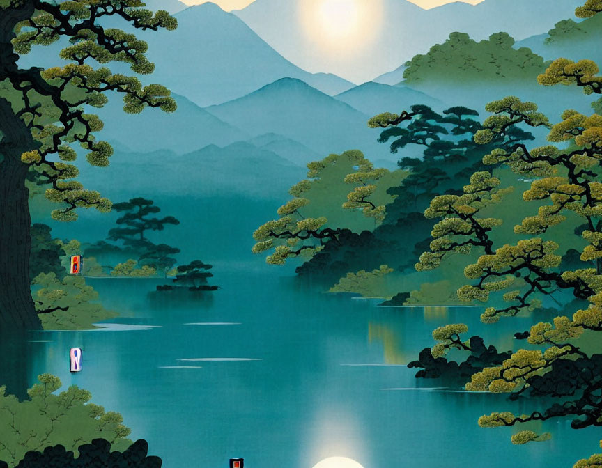 Serene lake landscape with lush trees and moonlit mountains