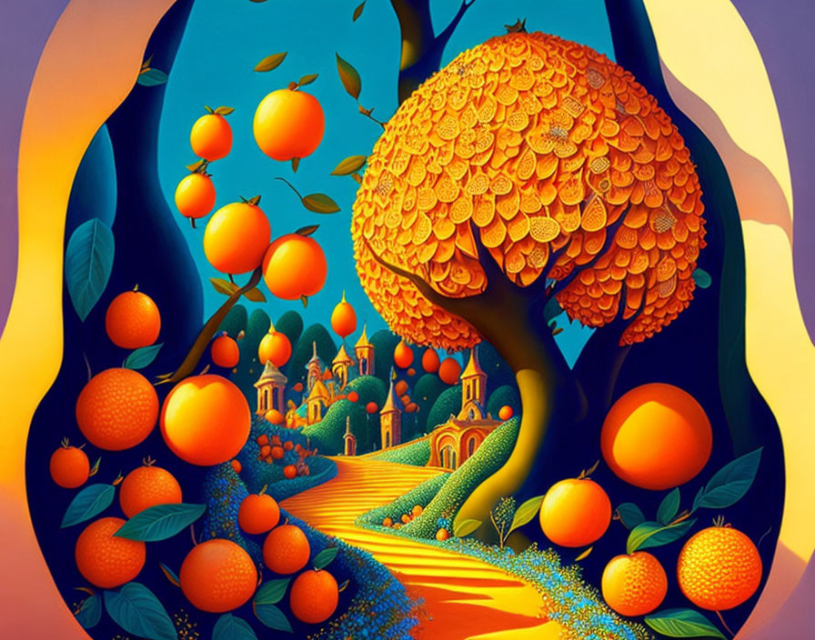 Colorful whimsical orange grove with oversized fruit, golden tree, castle, and rolling hills