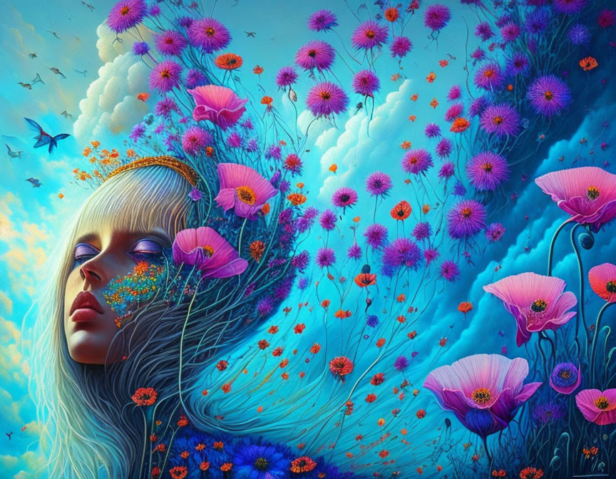 Surreal portrait of woman with blue hair and purple flowers in dreamy sky