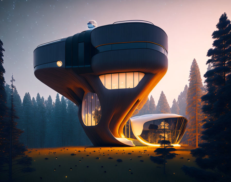 Futuristic house with glowing interior lights in tranquil forest