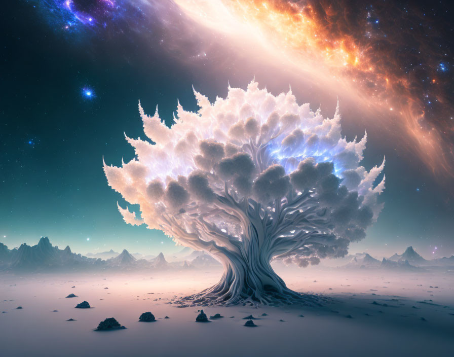 Majestic tree with luminescent canopy in barren landscape