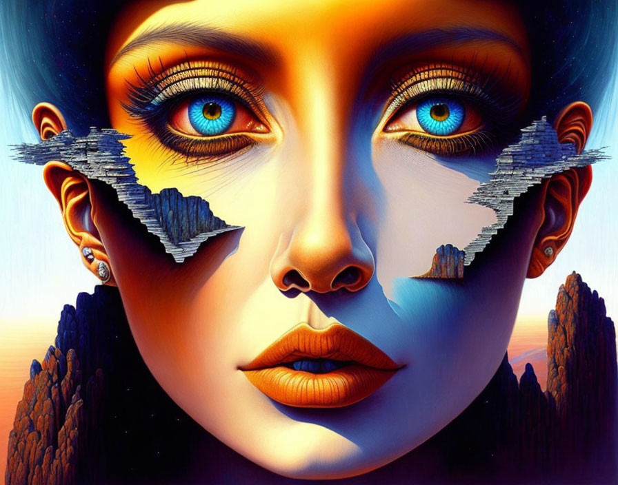 Surreal portrait: Woman with landscape features and torn paper effect, vibrant colors.