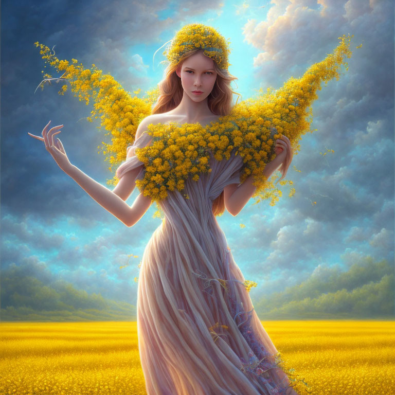 Woman in yellow flower dress standing in blooming field with floral arrangement under dramatic sky