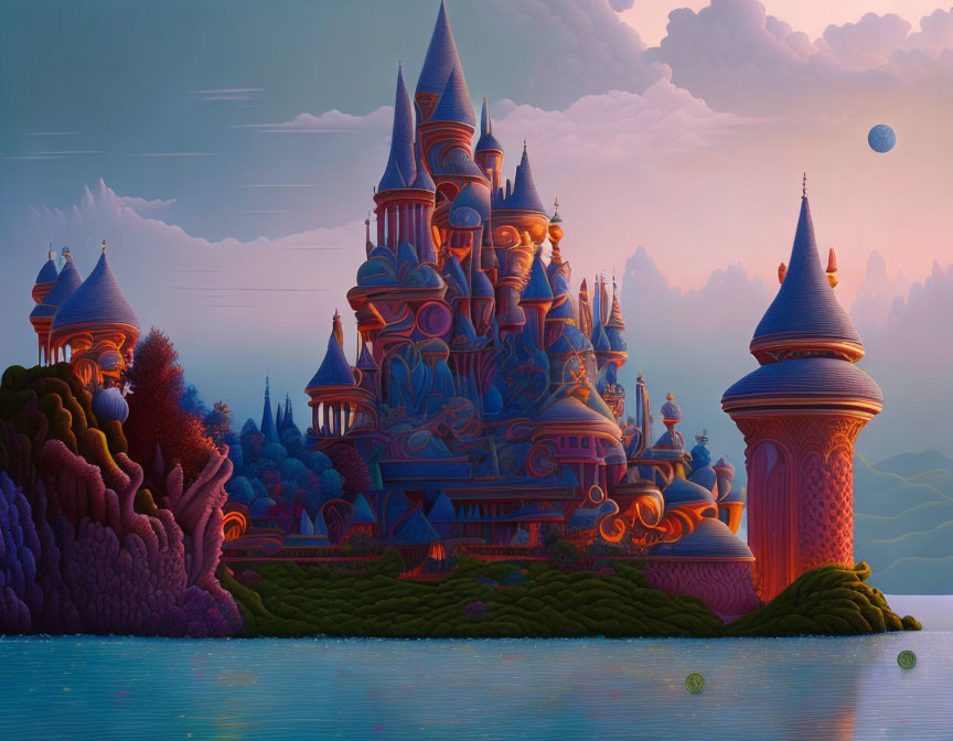 Whimsical purple castle illustration at twilight by serene lake