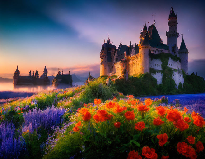 Majestic castle at dusk surrounded by mist, overlooking lavender and orange flower field.