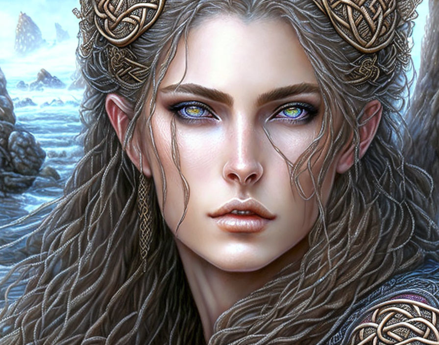 Fantasy female elf with blue eyes and gold headpieces by misty seaside