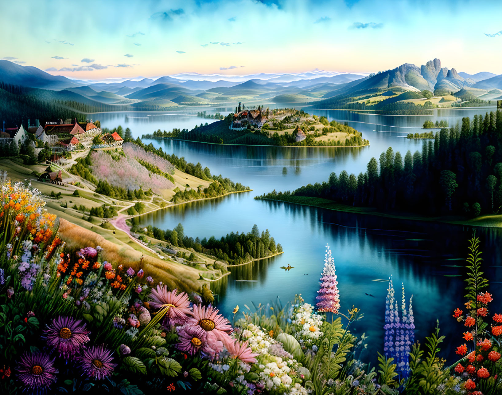 Colorful flowers, castle on island, serene lakes, rolling hills, mountains - picturesque landscape.