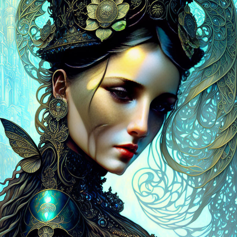 Intricate digital artwork of a woman with blue and gold ornate headgear on mystical background