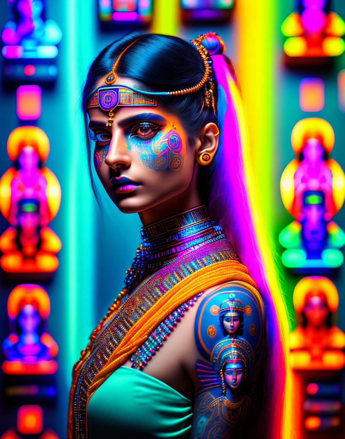 Colorful woman with body art and neon background.