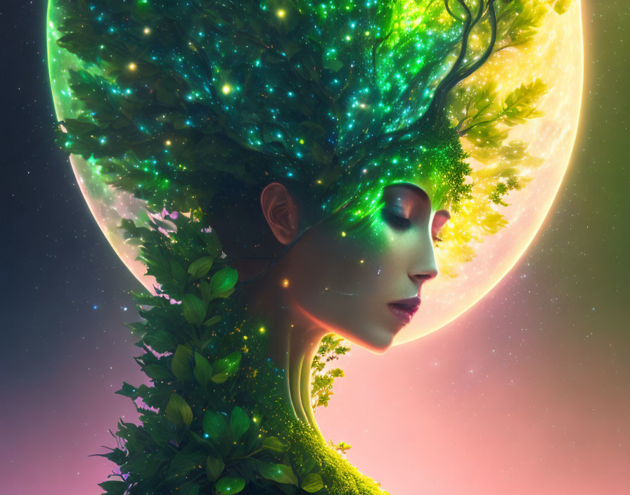 Woman with Tree-like Crown and Glowing Moon in Artistic Depiction