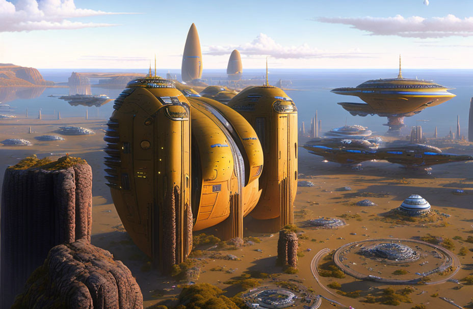 Futuristic cityscape with oval-shaped buildings and flying vehicles