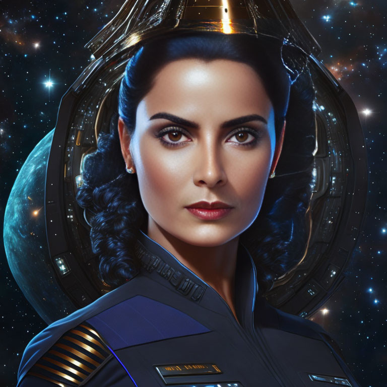 Confident woman in futuristic uniform with braided hair in space setting