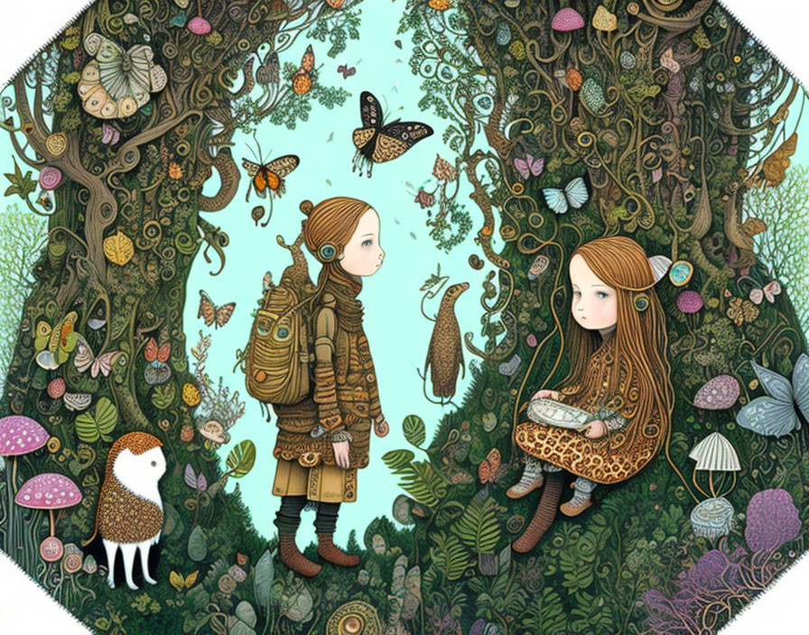 Colorful forest illustration with two girls and fantastical creatures