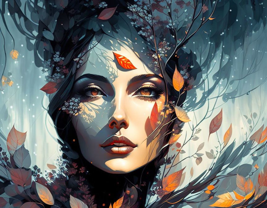 Illustration of woman with integrated leaves and branches, evoking serene autumnal fantasy.