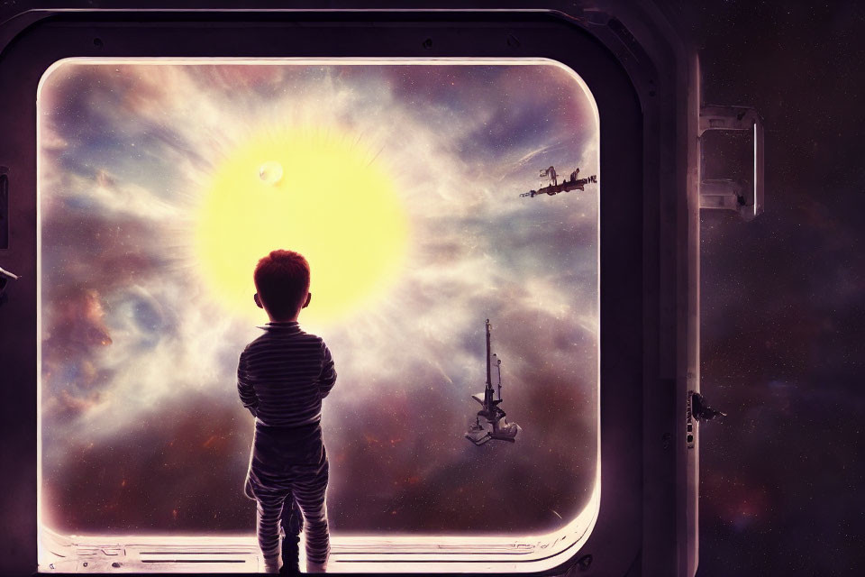 Child observing vibrant cosmic scene from spaceship window