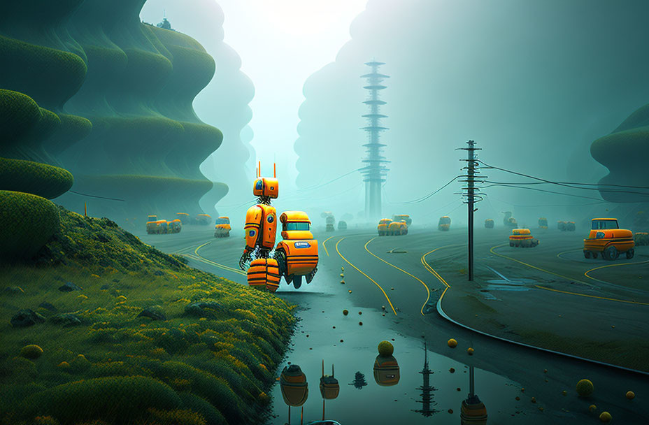 Whimsical landscape with oversized tree-like structures and yellow vehicles, robot walking in foggy atmosphere