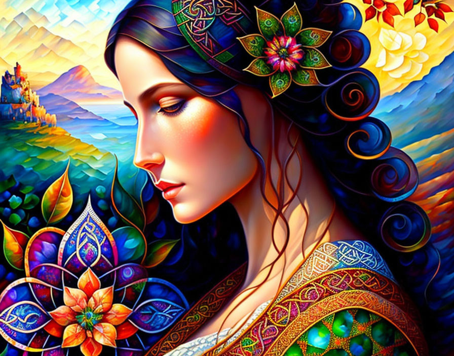 Colorful artwork: Woman with patterns, dark hair in fantasy landscape