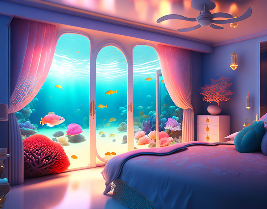 Colorful Underwater-Themed Bedroom with Large Marine Life Window