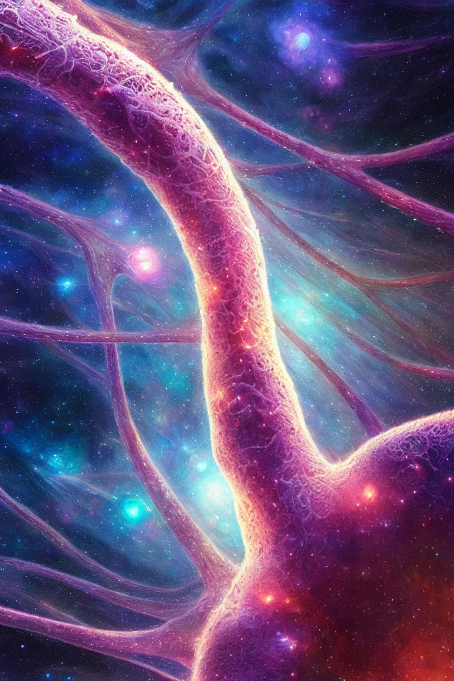 Colorful Cosmic Scene: Intertwining Neural Pathways in Pink, Purple, and Blue