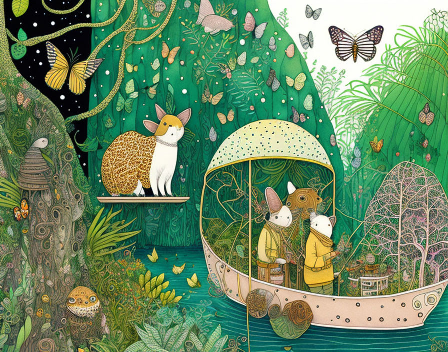 Whimsical forest scene with anthropomorphic animals in a boat under starry sky