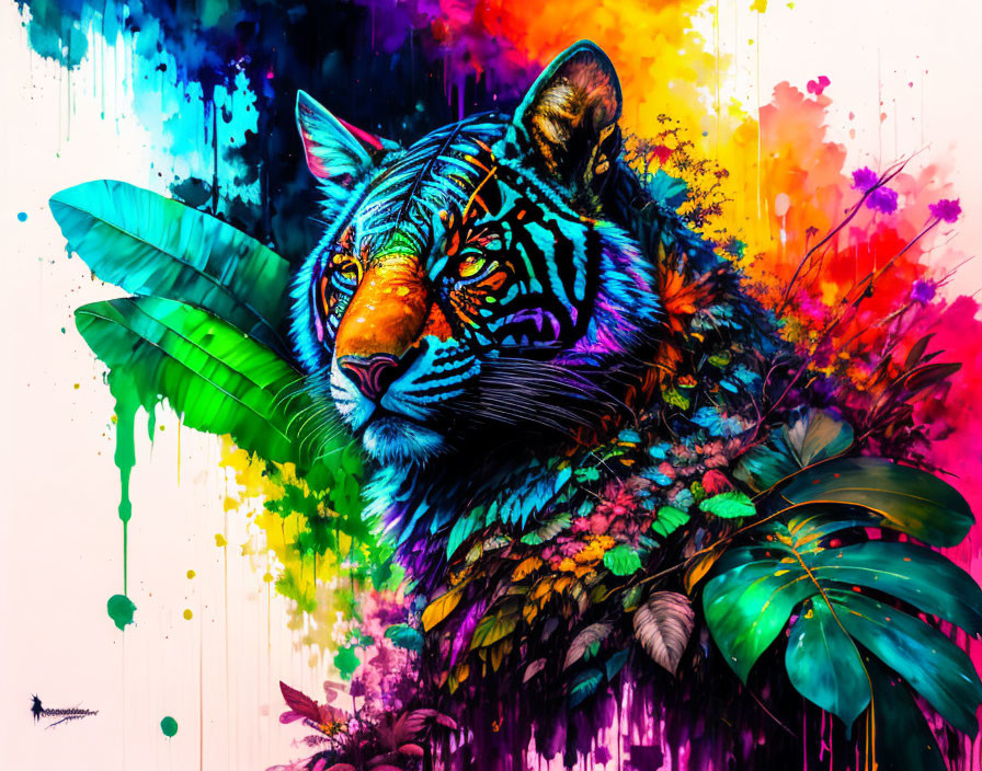 Colorful Tiger Head Artwork with Tropical Foliage in Neon Hues