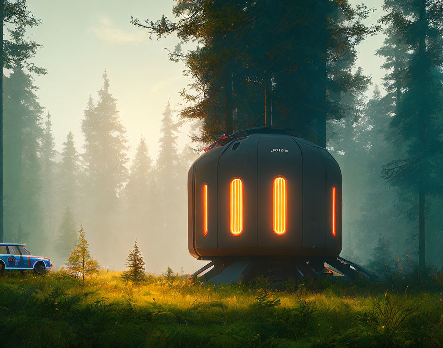 Futuristic pod with glowing orange lights in misty forest next to classic blue vehicle