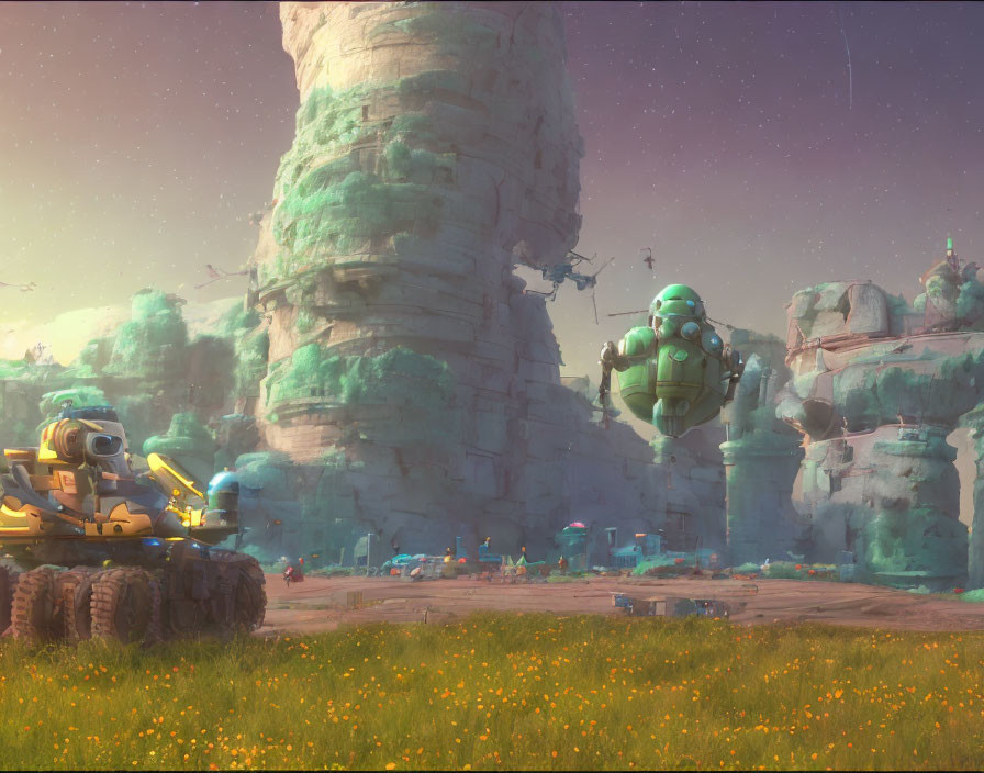 Futuristic robots in lush landscape with rock formations and settlement under dusky sky