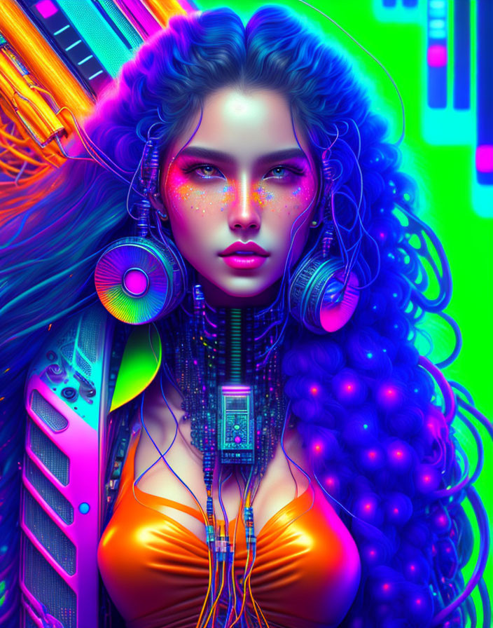 Vibrant digital artwork of woman with curly hair and cybernetic enhancements